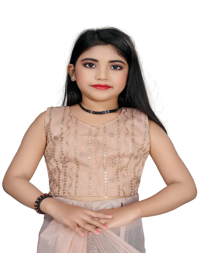 Kid's Ready to wear light peach colored Saree for girls with Sequin work stitched blouse