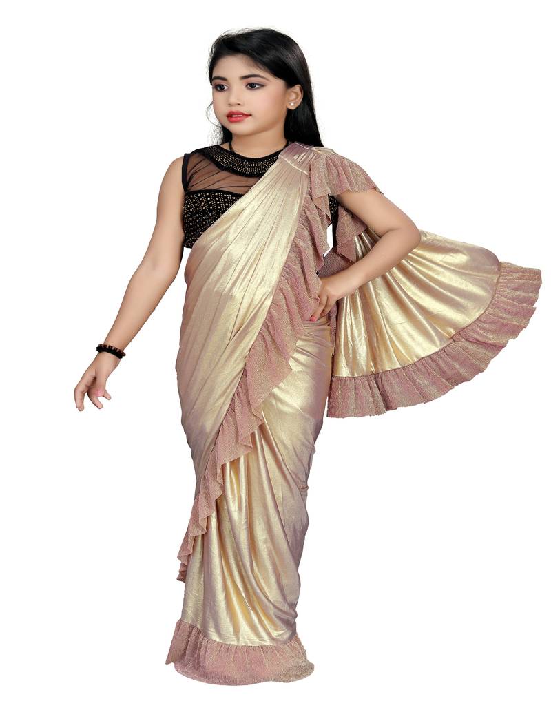 Kid's Ready to wear antique gold colored Saree for girls with Diamond work stitched blouse