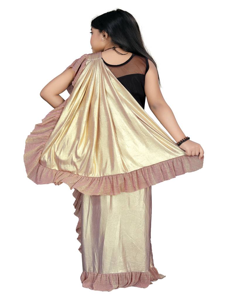 Kid's Ready to wear antique gold colored Saree for girls with Diamond work stitched blouse