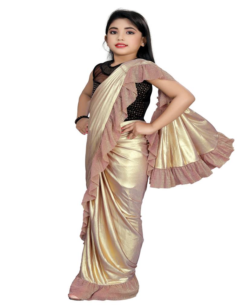 Kid's Ready to wear antique gold colored Saree for girls with Diamond work stitched blouse