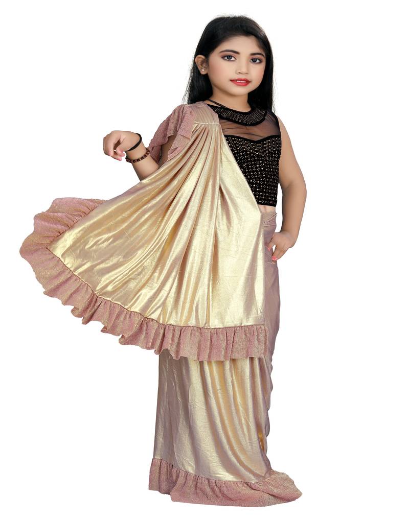 Kid's Ready to wear antique gold colored Saree for girls with Diamond work stitched blouse