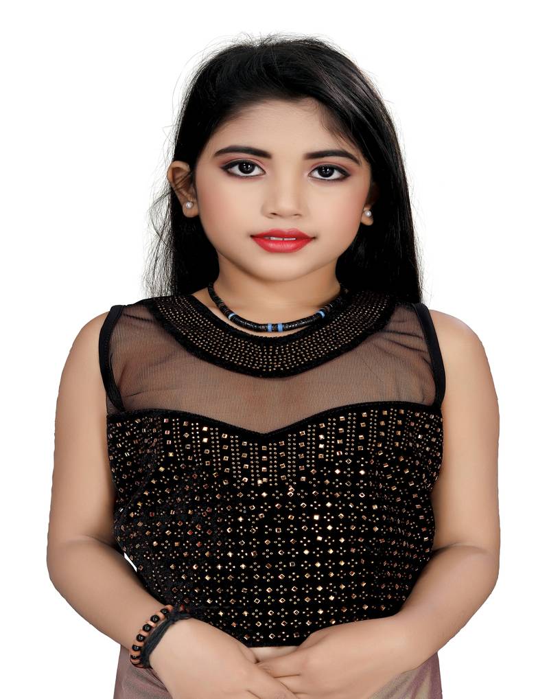 Kid's Ready to wear antique gold colored Saree for girls with Diamond work stitched blouse