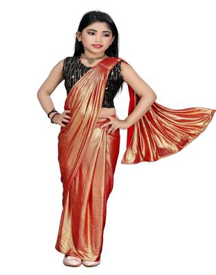 Kid's Ready to wear copper colored Saree for girls with Sequin work, Brasso stitched blouse 1