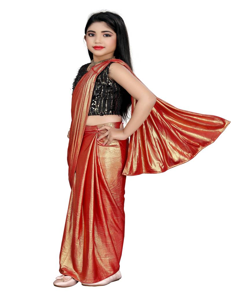 Kid's Ready to wear copper colored Saree for girls with Sequin work, Brasso stitched blouse