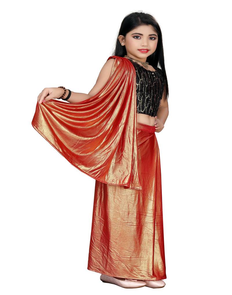Kid's Ready to wear copper colored Saree for girls with Sequin work, Brasso stitched blouse