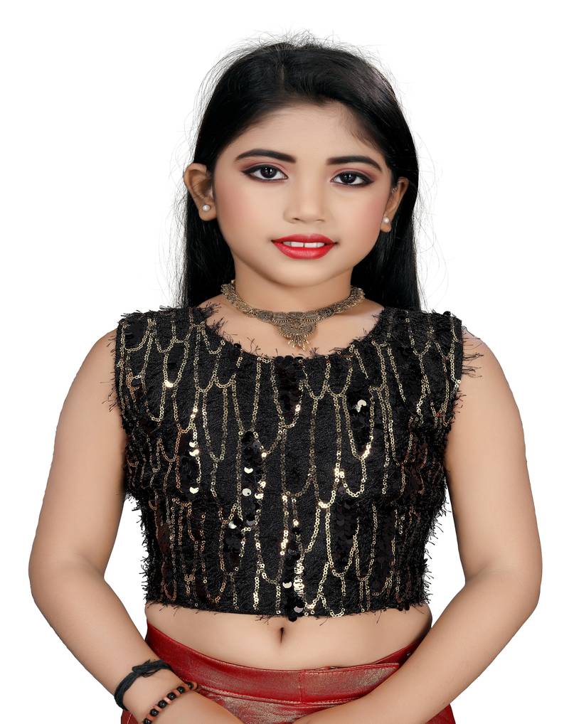 Kid's Ready to wear copper colored Saree for girls with Sequin work, Brasso stitched blouse