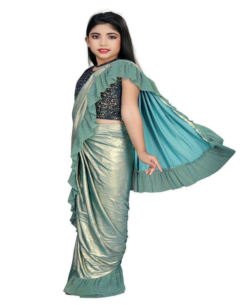 Kid's Ready to wear sea green colored Saree for girls with Sequin work stitched blouse