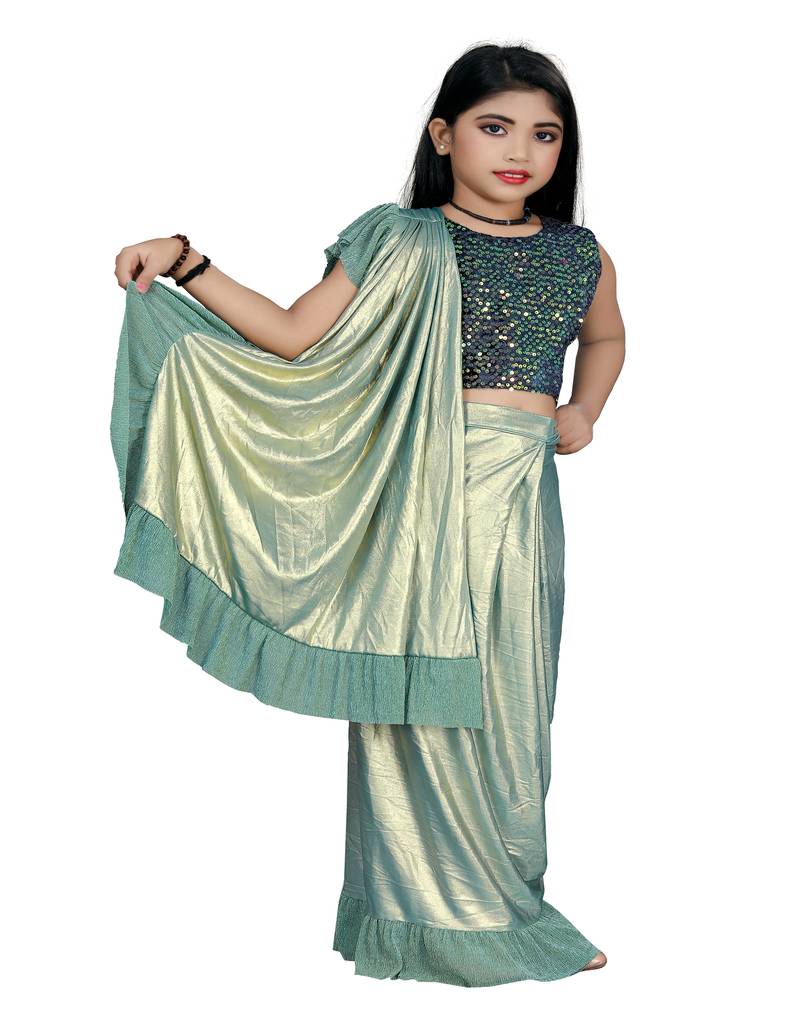 Kid's Ready to wear sea green colored Saree for girls with Sequin work stitched blouse
