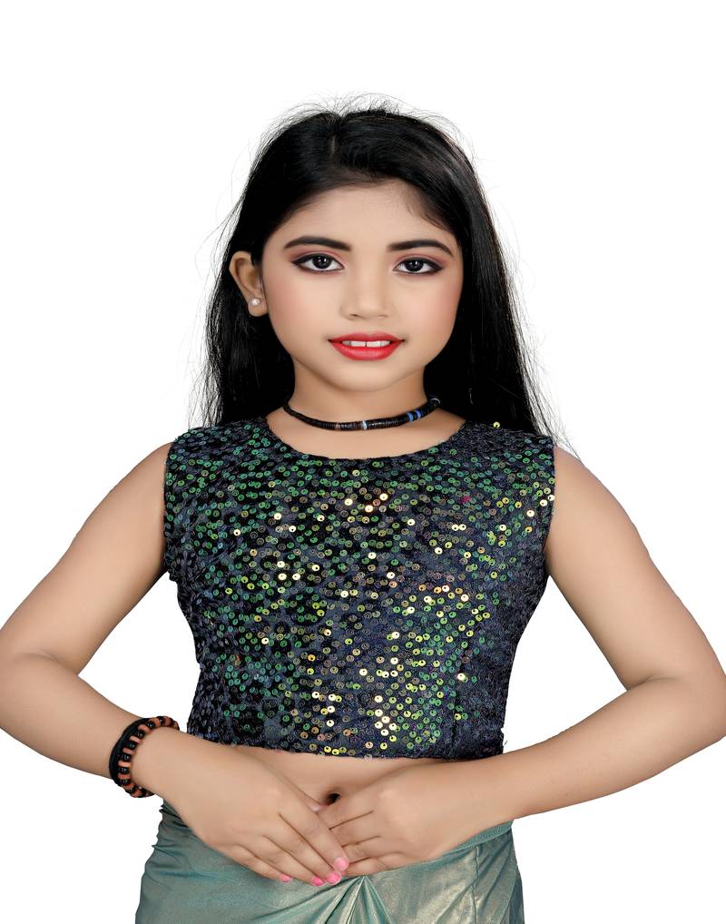 Kid's Ready to wear sea green colored Saree for girls with Sequin work stitched blouse
