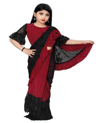 Kid's Ready to wear dark red colored Saree for girls with Printed stitched blouse 1