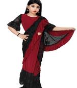 Kid's Ready to wear dark red colored Saree for girls with Printed stitched blouse