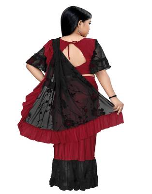 Kid's Ready to wear dark red colored Saree for girls with Printed stitched blouse 2