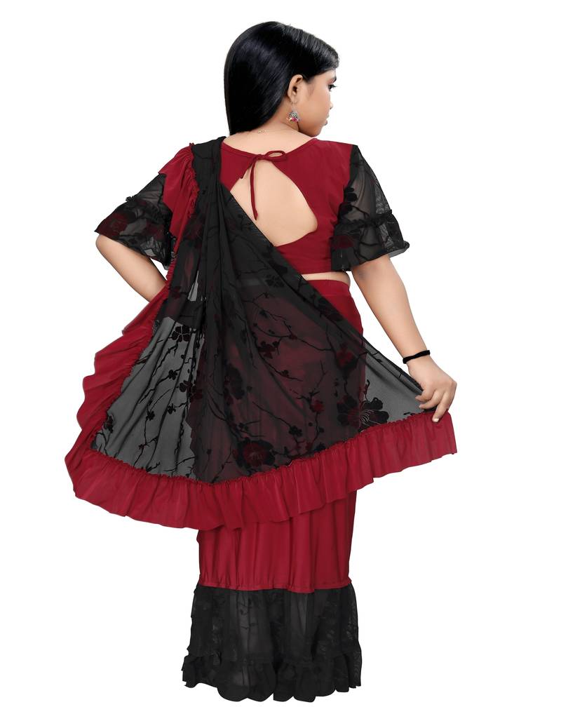 Kid's Ready to wear dark red colored Saree for girls with Printed stitched blouse