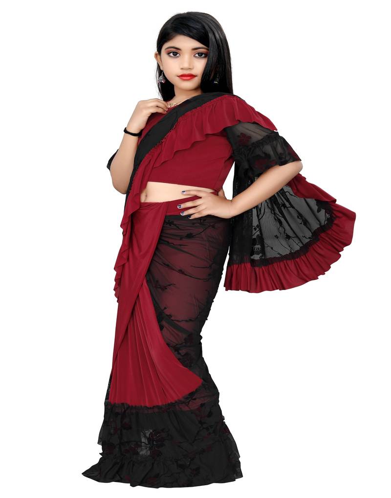 Kid's Ready to wear dark red colored Saree for girls with Printed stitched blouse