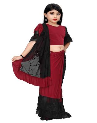 Kid's Ready to wear dark red colored Saree for girls with Printed stitched blouse 4