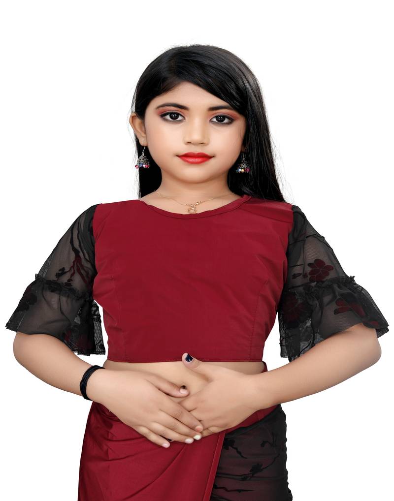 Kid's Ready to wear dark red colored Saree for girls with Printed stitched blouse