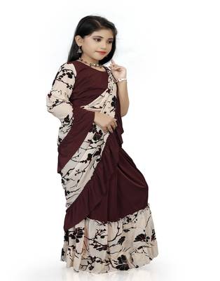 Kid's Ready to wear dark purple colored Saree for girls with Printed stitched blouse 1