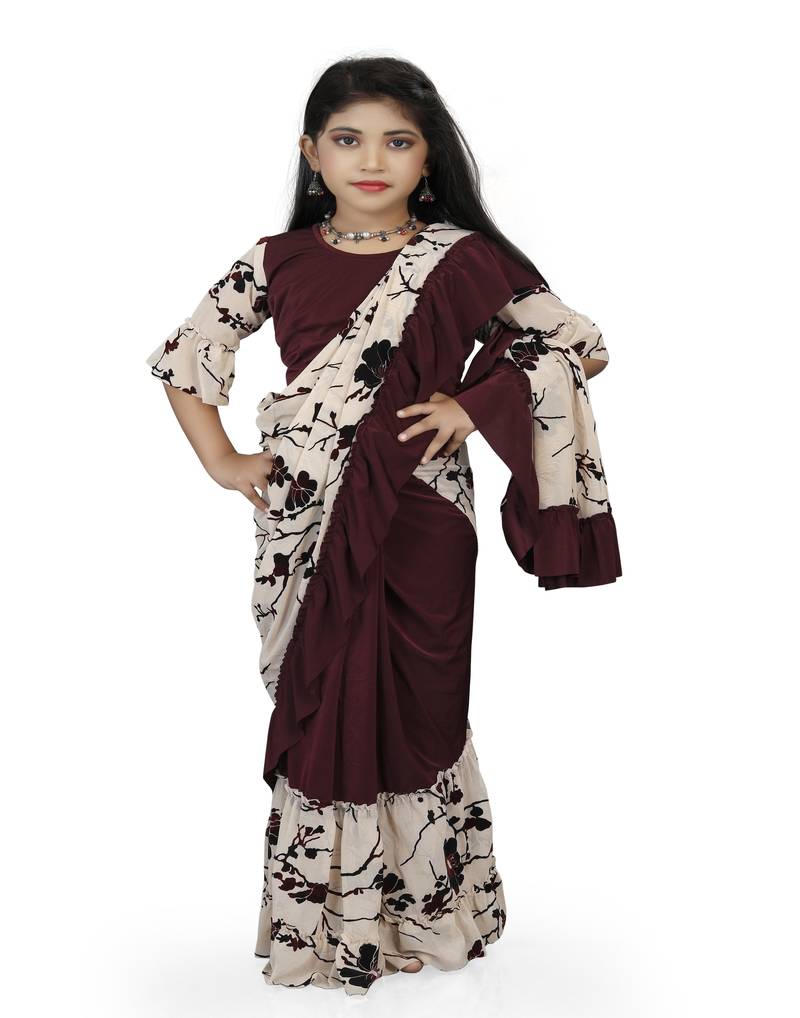 Kid's Ready to wear dark purple colored Saree for girls with Printed stitched blouse