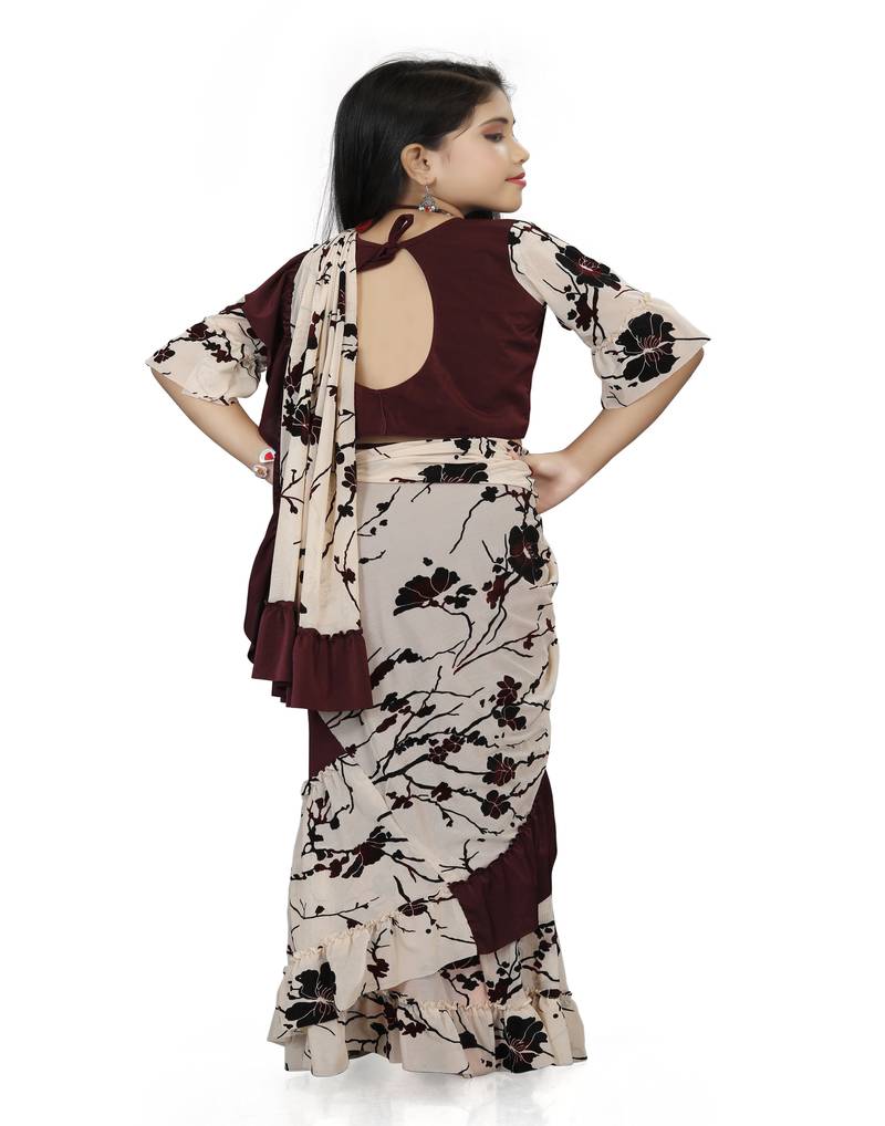 Kid's Ready to wear dark purple colored Saree for girls with Printed stitched blouse