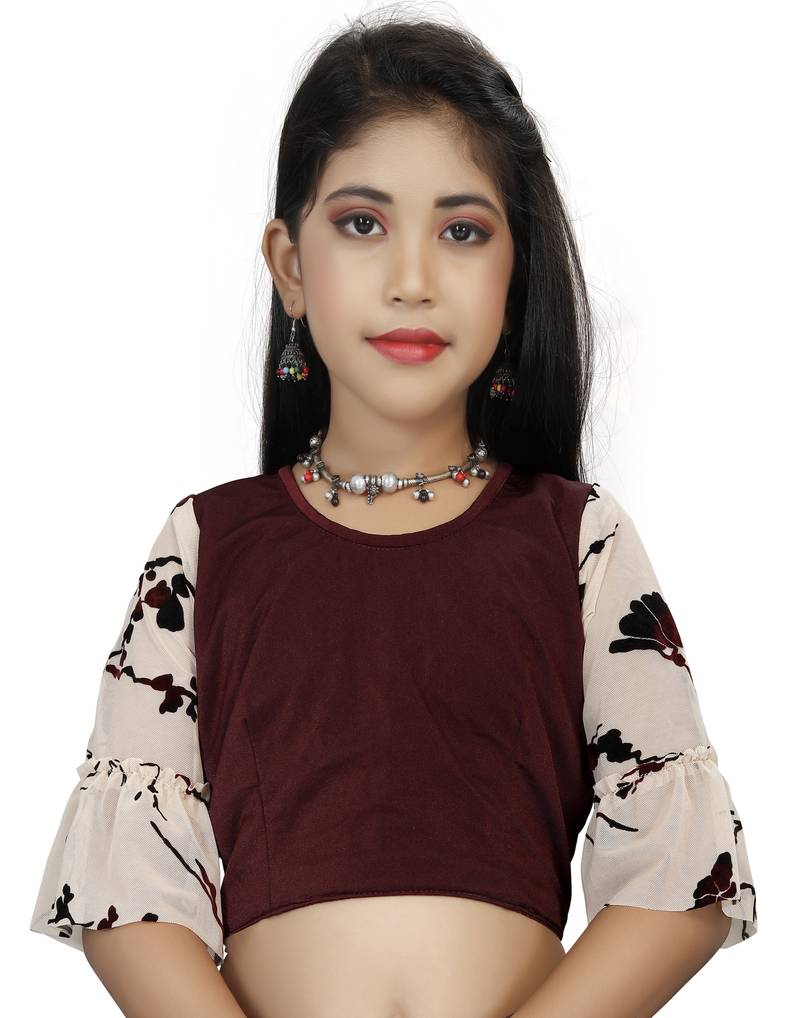 Kid's Ready to wear dark purple colored Saree for girls with Printed stitched blouse