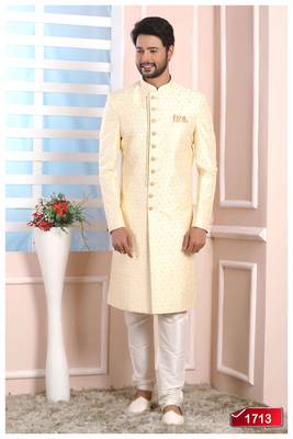 Fawn embroidered art silk sherwani 4