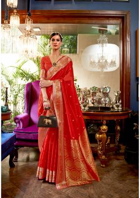 Women Silk Blend Red Woven Design Handloom Saree With Unstitched Blouse 1