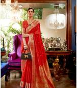 Women Silk Blend Red Woven Design Handloom Saree With Unstitched Blouse