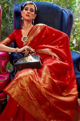 Women Silk Blend Red Woven Design Handloom Saree With Unstitched Blouse 2