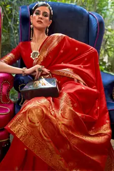 Women Silk Blend Red Woven Design Handloom Saree With Unstitched Blouse