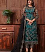 Teal-Blue Embroidered Net Salwar Free size full stitched Up To 42" Size
