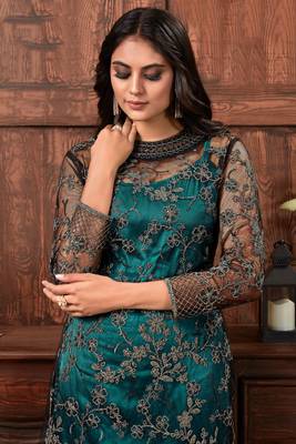 Teal-Blue Embroidered Net Salwar Free size full stitched Up To 42" Size 2