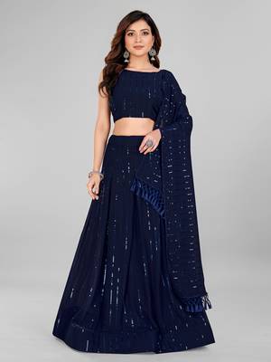 Navy Blue Sequined Embroidered Georgette Fancy Lehenga Choli with Blouse Piece 1