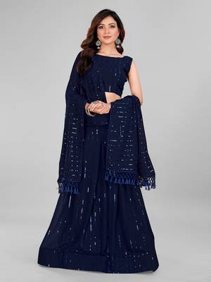 Navy Blue Sequined Embroidered Georgette Fancy Lehenga Choli with Blouse Piece 2