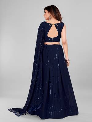 Navy Blue Sequined Embroidered Georgette Fancy Lehenga Choli with Blouse Piece 4