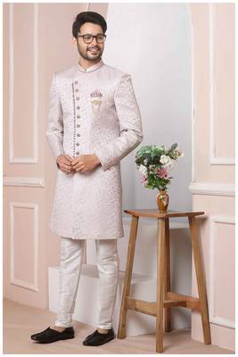 Pink printed jacquard sherwani 1