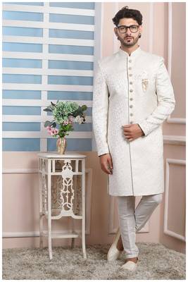 White printed jacquard sherwani 1