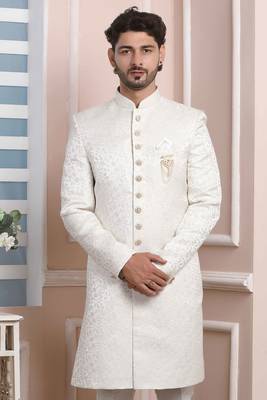 White printed jacquard sherwani 2