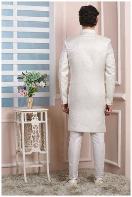 White printed jacquard sherwani 3