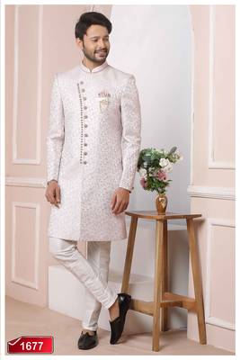Pink printed jacquard sherwani 4
