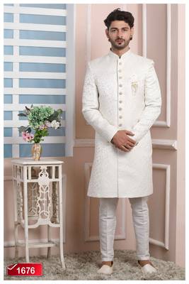 White printed jacquard sherwani 4