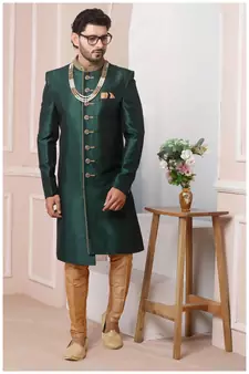 Green embroidered art silk sherwani