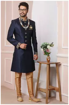 Blue embroidered art silk sherwani