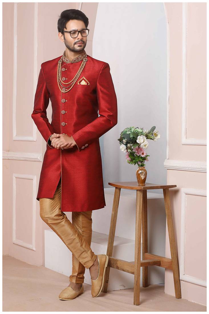 Maroon embroidered art silk sherwani