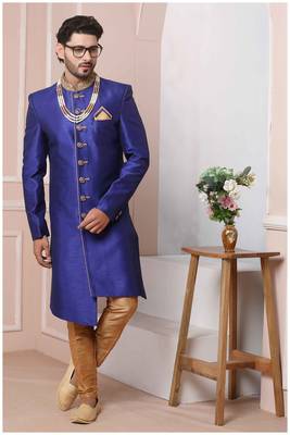 Blue embroidered art silk sherwani 1