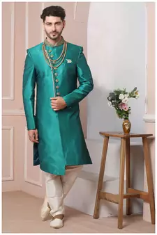 Green embroidered art silk sherwani