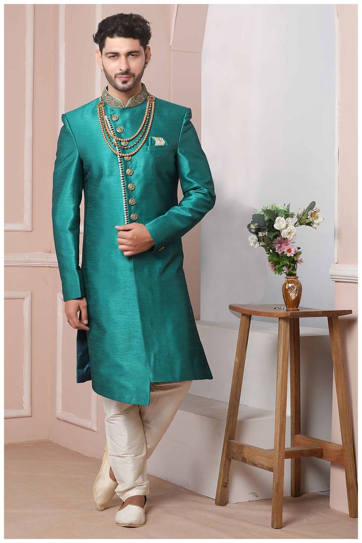 Green embroidered art silk sherwani