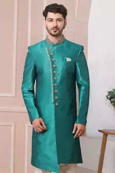 Green embroidered art silk sherwani