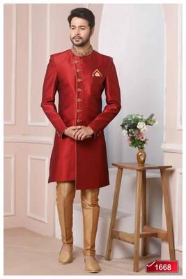 Maroon embroidered art silk sherwani 4