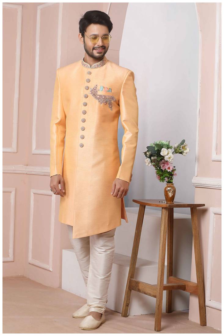 Orange embroidered art silk sherwani