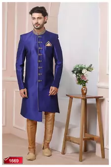 Blue embroidered art silk sherwani